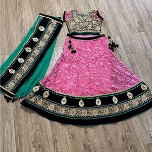 Elegant Pink and Green Embroidered Skirt Set